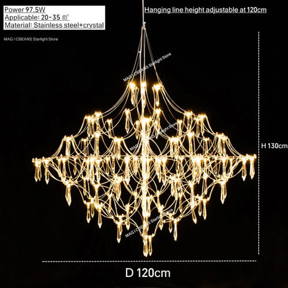 Elegant diamond-shaped pendant light with polished steel finish and crystal droplets for dining room illumination