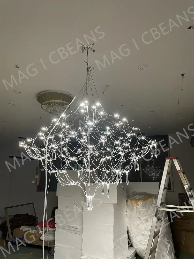 Modern polished steel pendant light with multi-tiered crystal droplets and white led web for dining room