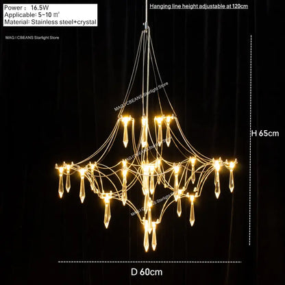 Modern polished steel pendant light with multi-tiered frame and crystal pendants for contemporary interiors dining room