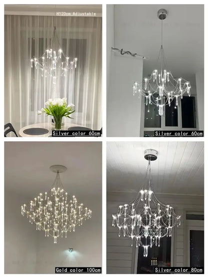 Modern polished steel pendant light with multiple tiers of crystal droplets for contemporary interiors dining room use