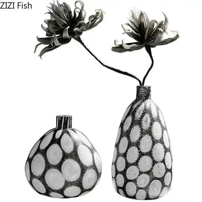 Two decorbites bubble glass vases with black and white polka dot pattern for modern living room decor