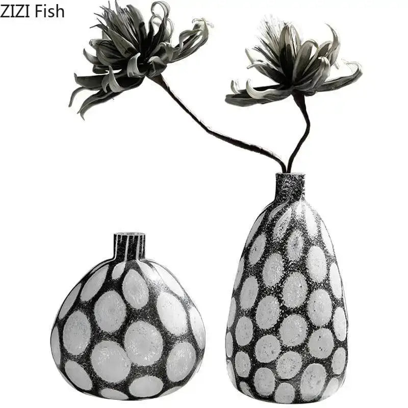 Two decorbites bubble glass vases with black and white polka dot pattern for modern living room decor