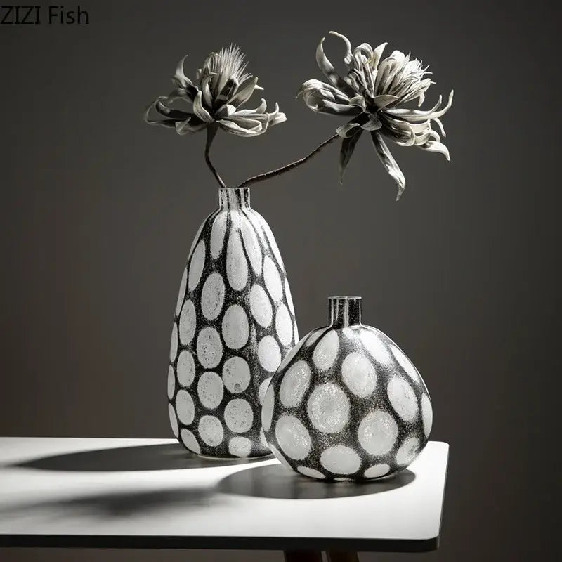Two decorbites bubble glass vases in black and white polka dot pattern for modern living room decor
