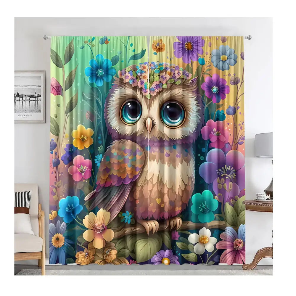 A modern printed colorful owl bedroom curtain set featuring a vibrant cartoon owl with blue eyes and floral crown