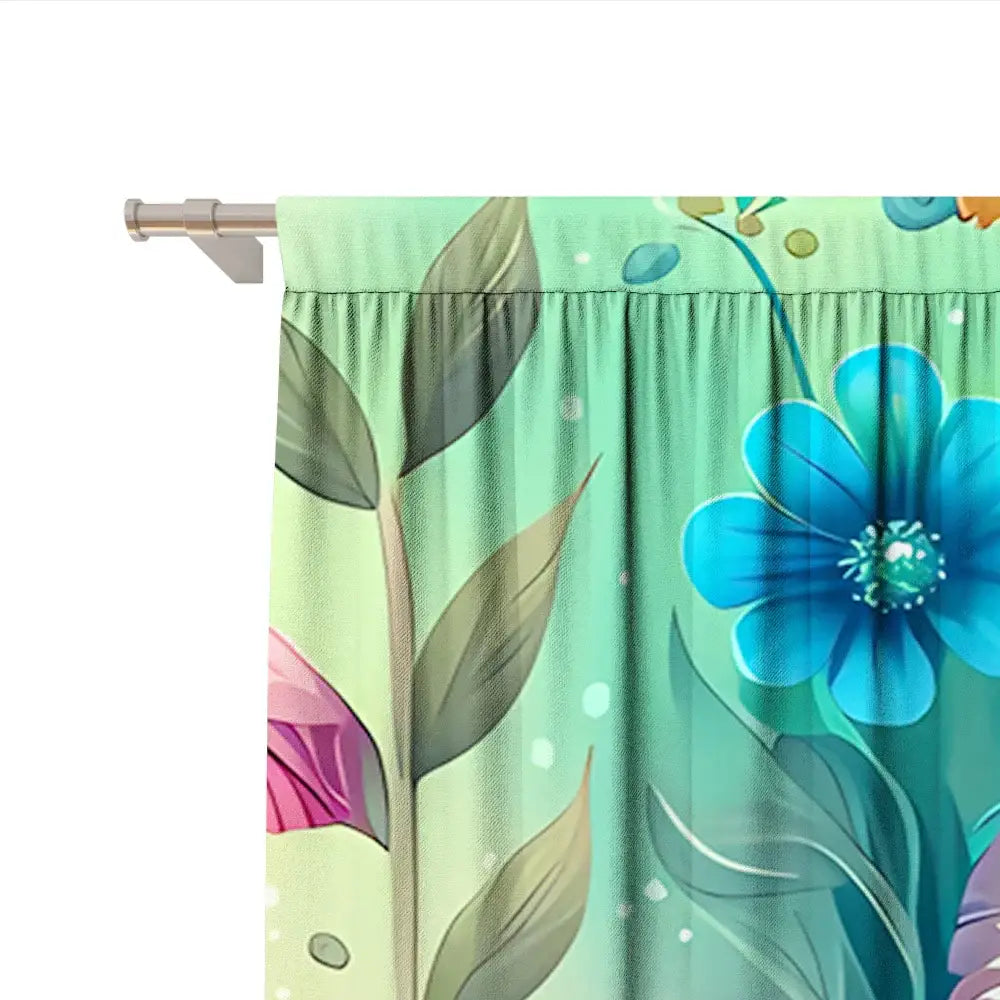 Modern printed colorful owl bedroom curtain set with vibrant blue and pink floral design on lightweight mint fabric