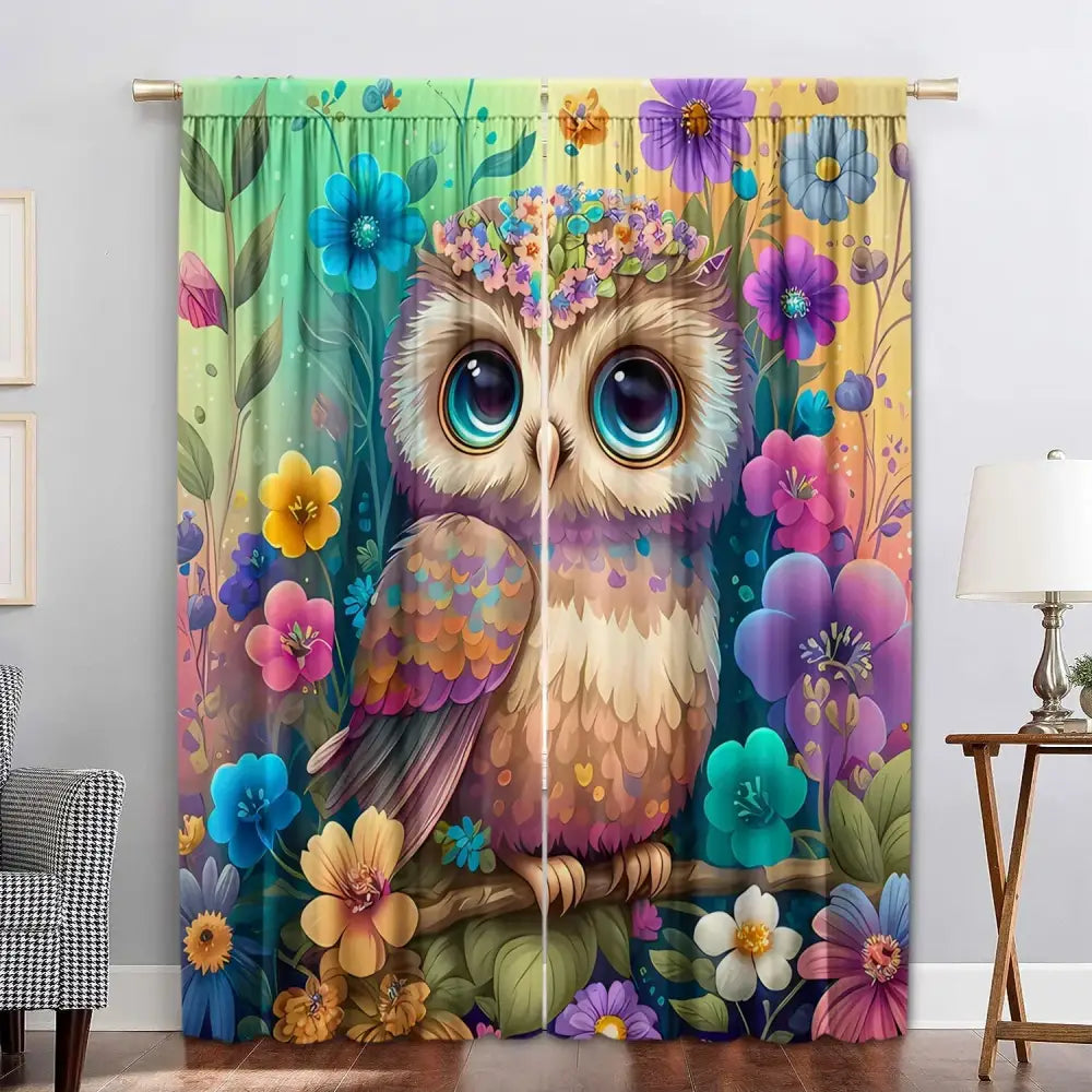 Modern printed colorful owl bedroom curtain set with vibrant floral decor and central cartoon owl featuring large blue eyes