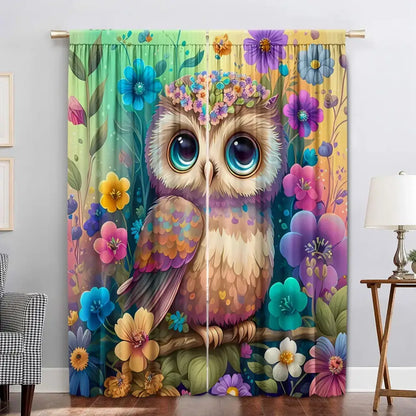 Modern printed colorful owl bedroom curtain set with vibrant floral decor and central cartoon owl featuring large blue eyes
