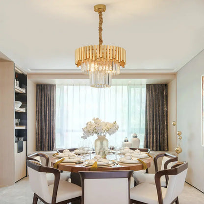 Lámpara de araña moderna Prism Block - Lámpara de cristal y metal con múltiples luces y acabado en latón