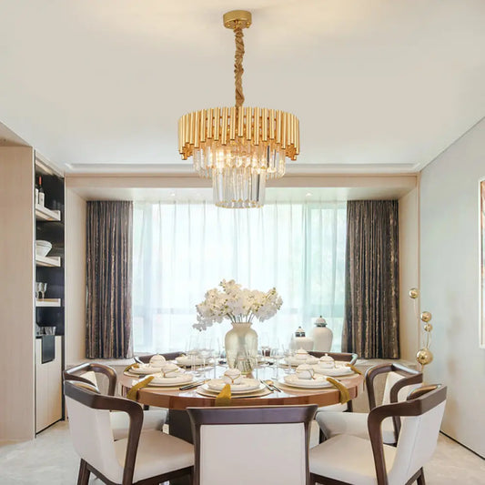 Lámpara de araña moderna Prism Block - Lámpara de cristal y metal con múltiples luces y acabado en latón