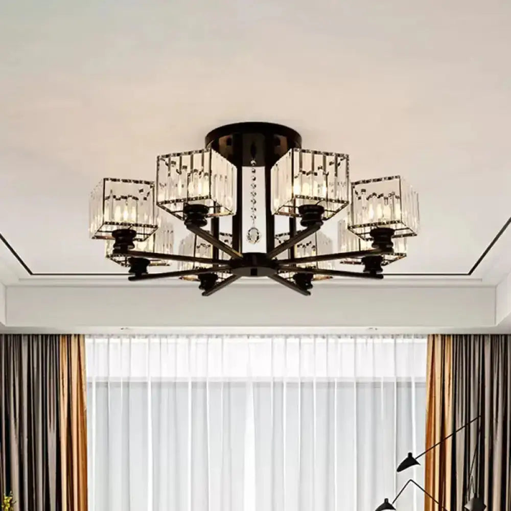 DecorBites™ DecorBites™ Modern Prismatic Crystal Flush Chandelier with Rectangle Design - 4/6/8 Lights in Black/Gold for Living Room Semi Flush Ceiling