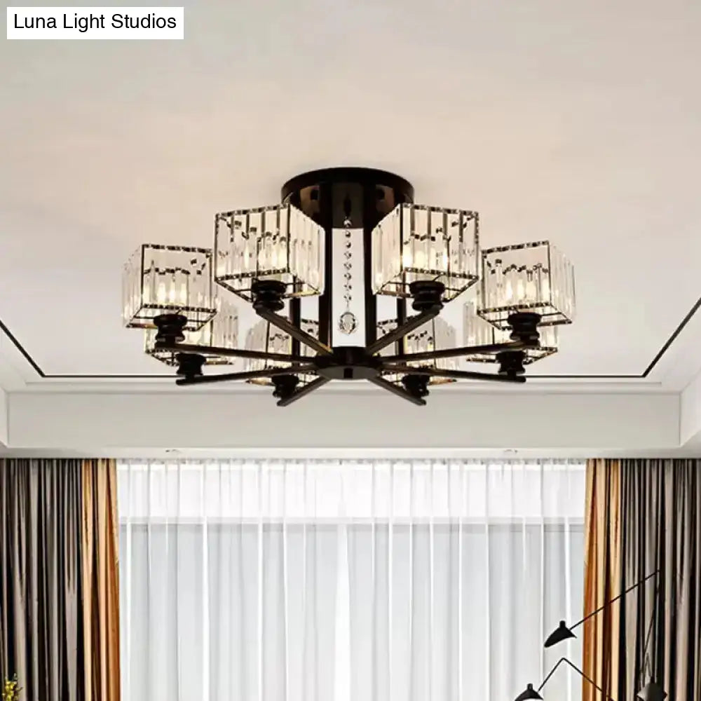 DecorBites™ DecorBites™ Modern Prismatic Crystal Flush Chandelier with Rectangle Design - 4/6/8 Lights in Black/Gold for Living Room Semi Flush Ceiling