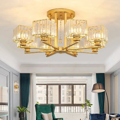 DecorBites™ DecorBites™ Modern Prismatic Crystal Flush Chandelier with Rectangle Design - 4/6/8 Lights in Black/Gold for Living Room Semi Flush Ceiling