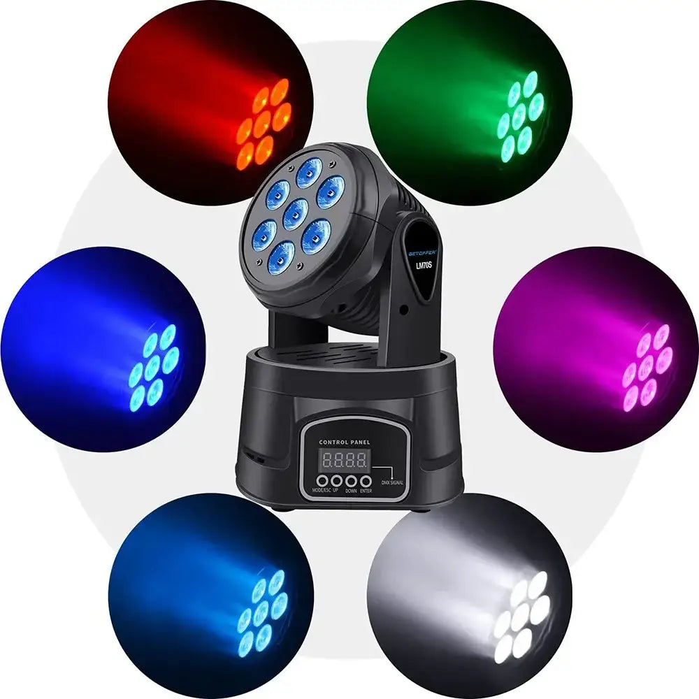 Modern purple and black mini moving light stage spotlight with seven blue LED lights and control panel displaying 8.8.8.8