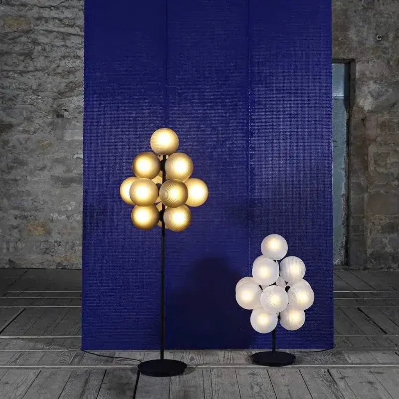 Modern purple decorbites glass bubble floor lamp with golden white spherical glass bubbles and black metal stand for living room