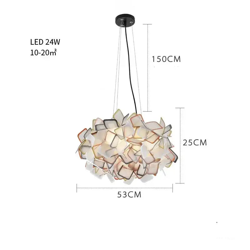 Modern purple and yellow petal led chandelier pendant light with cascading iridescent glass petals by decorbites clizia led