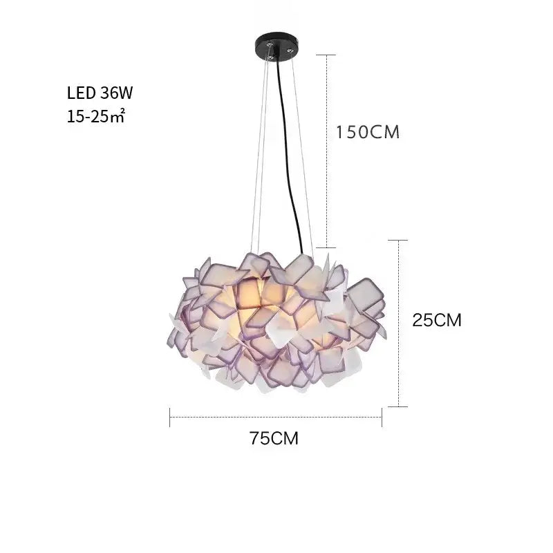 Modern purple and yellow petal led chandelier bedroom pendant light with delicate layered translucent design decorbites clizia led