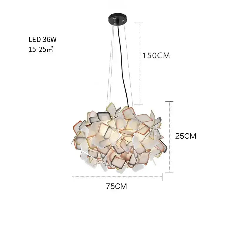 Modern purple and yellow petal led chandelier with translucent layered shades for bedroom decor by decorbites clizia led