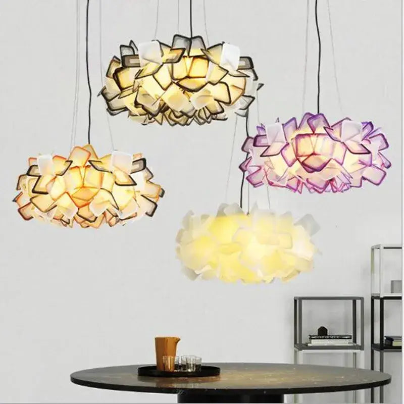 Modern purple and yellow petal led chandelier bedroom pendant light featuring layered shades by decorbites clizia led