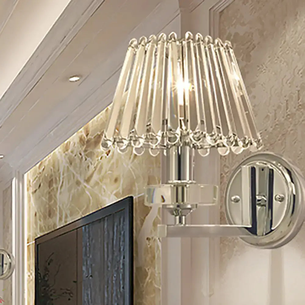 Modern pyramid wall light with chrome finish and clear glass prisms 12 inch fixture for living room lighting
