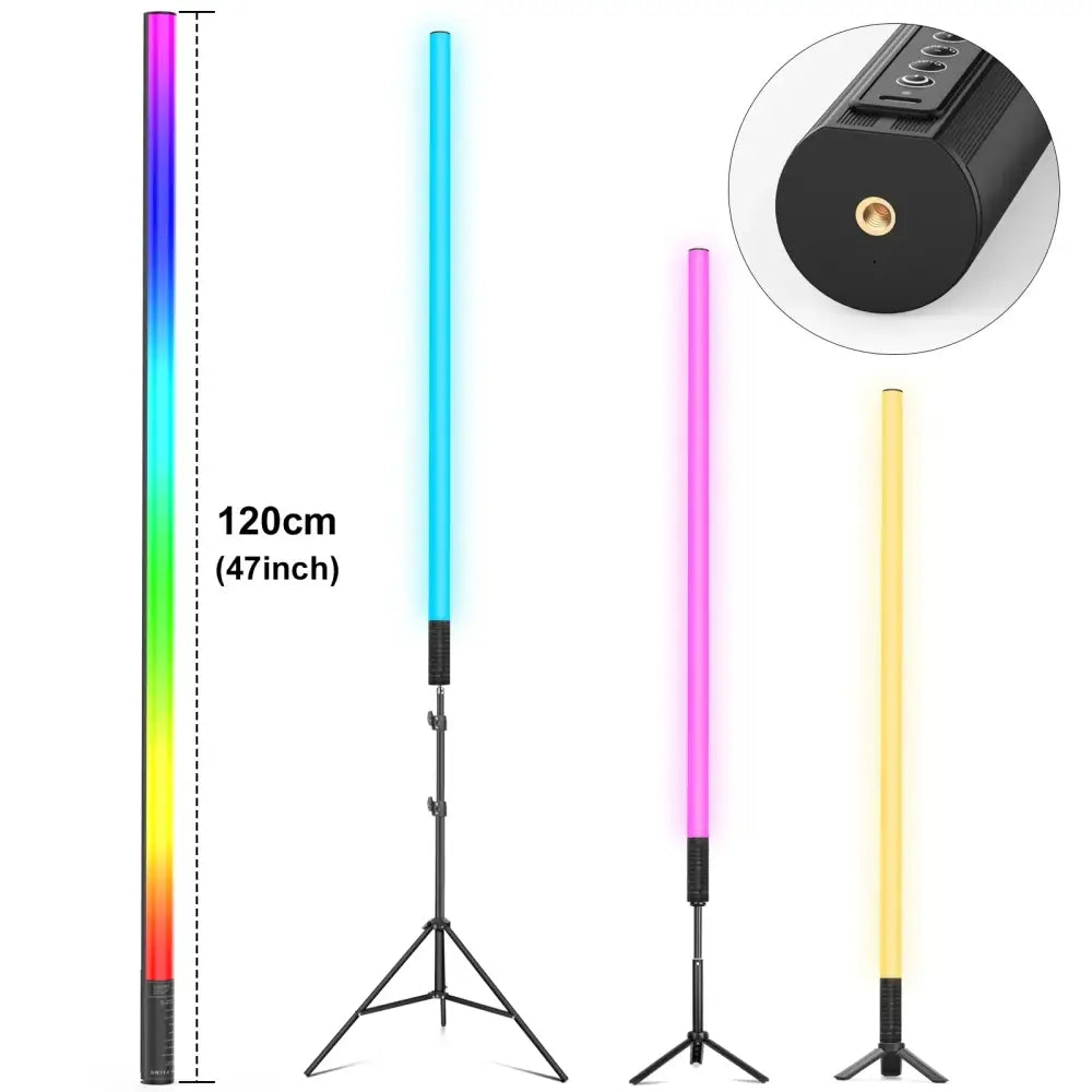 A 47-inch decorbites 120cm rgb light stick with a black tripod base and smooth rainbow gradient lighting for living room decor