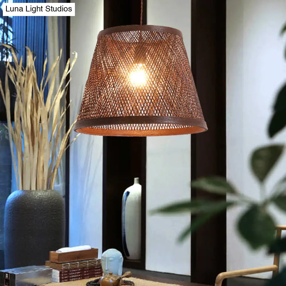 Modern Rattan Cone Pendant Light for Dining Room - 1 Brown Light Kit