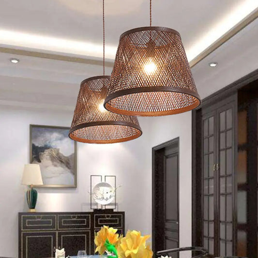 Modern Rattan Cone Pendant Light for Dining Room - 1 Brown Light Kit