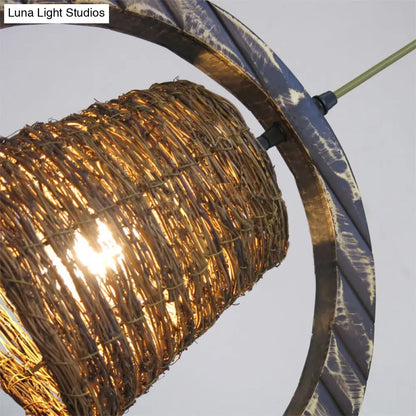 Modern Rattan Conical Hanging Light Brown Pendant Lamp with Wooden Vertical Ring