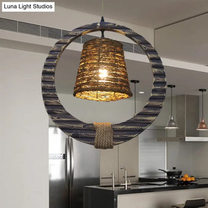 Modern Rattan Conical Hanging Light Brown Pendant Lamp with Wooden Vertical Ring