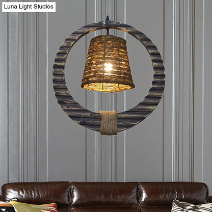 Modern Rattan Conical Hanging Light Brown Pendant Lamp with Wooden Vertical Ring