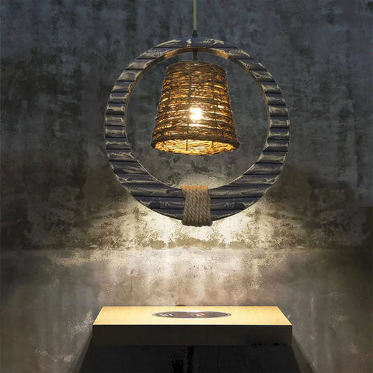 Modern Rattan Conical Hanging Light Brown Pendant Lamp with Wooden Vertical Ring