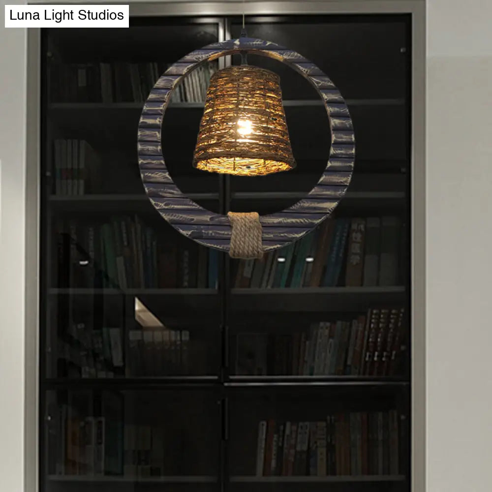 Modern Rattan Conical Hanging Light Brown Pendant Lamp with Wooden Vertical Ring