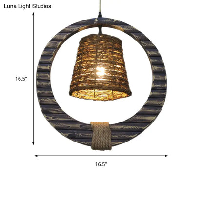 Modern Rattan Conical Hanging Light Brown Pendant Lamp with Wooden Vertical Ring