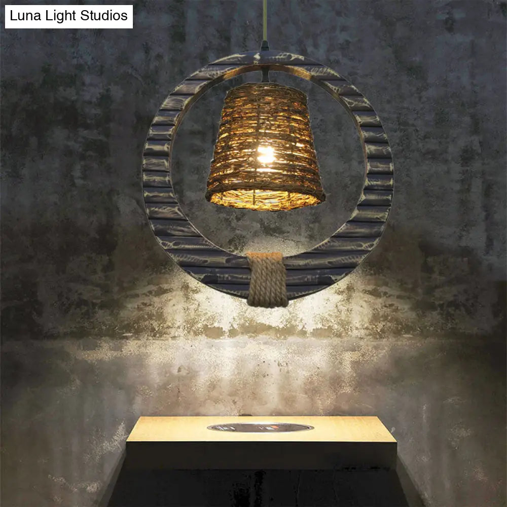 Modern Rattan Conical Hanging Light Brown Pendant Lamp with Wooden Vertical Ring