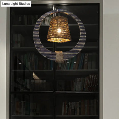 Modern Rattan Conical Hanging Light Brown Pendant Lamp with Wooden Vertical Ring