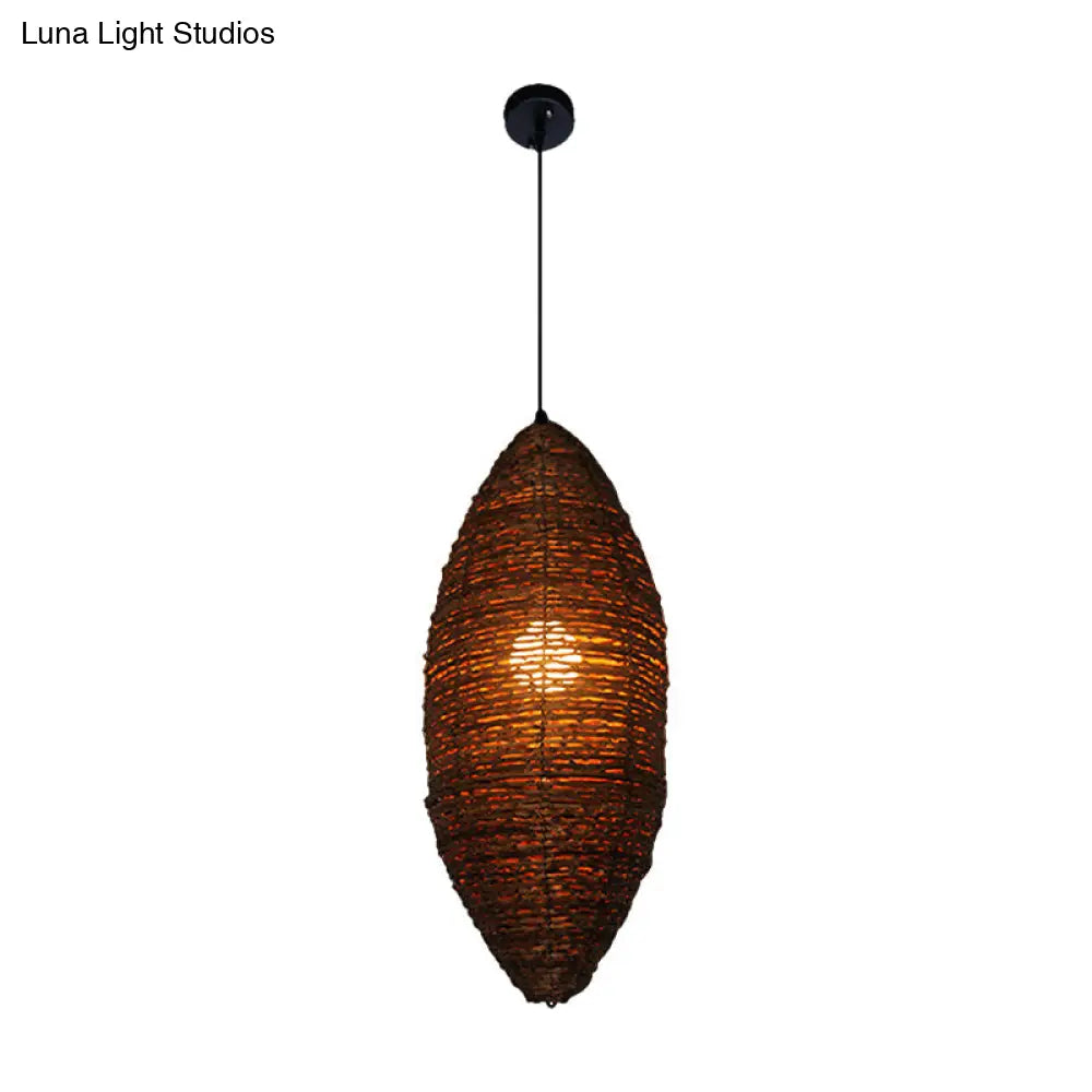 Modern Rattan Pendant Light with Coffee Finish - Single Bulb Suspension Lamp in Cocoon Shape