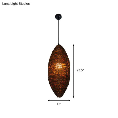 Modern Rattan Pendant Light with Coffee Finish - Single Bulb Suspension Lamp in Cocoon Shape