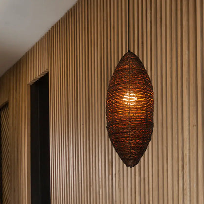 Modern Rattan Pendant Light with Coffee Finish - Single Bulb Suspension Lamp in Cocoon Shape