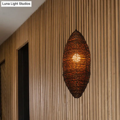 Modern Rattan Pendant Light with Coffee Finish - Single Bulb Suspension Lamp in Cocoon Shape