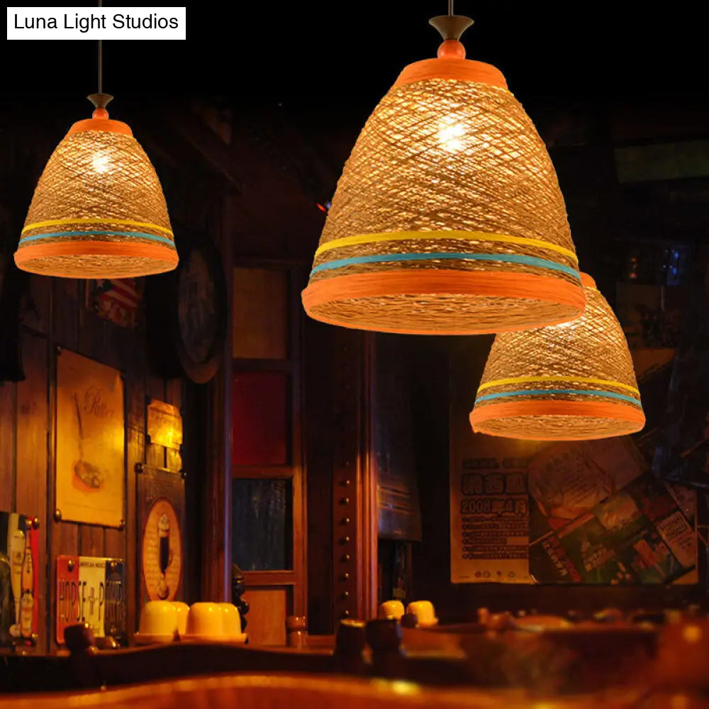 Modern Rattan Tapered Ceiling Lamp - 10"/14"/16" Wide - Yellow/Brown Pendant Light - 1 Bulb