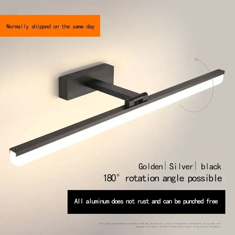 Black modern wall-mounted led light fixture with sleek aluminum frame and 180-degree rotation for decorbites acrylic golden mirror cabinet