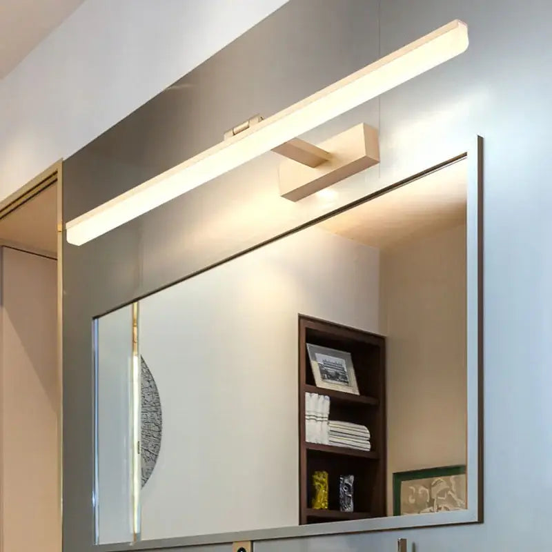 Modern rectangular acrylic golden mirror cabinet light with sleek white finish and wooden mount for bathroom decorbites acrylic golden
