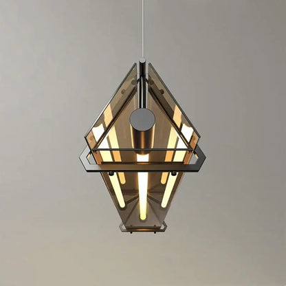 Modern rectangular amber led pendant lamp with smoked glass panels and black metal frame for dining room decorbites amber led
