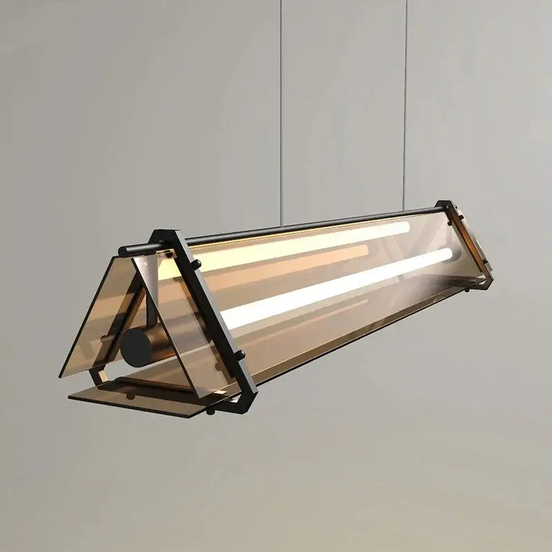 Modern rectangular amber led pendant lamp with sleek black metal frame and translucent glass for dining room decorbites amber led