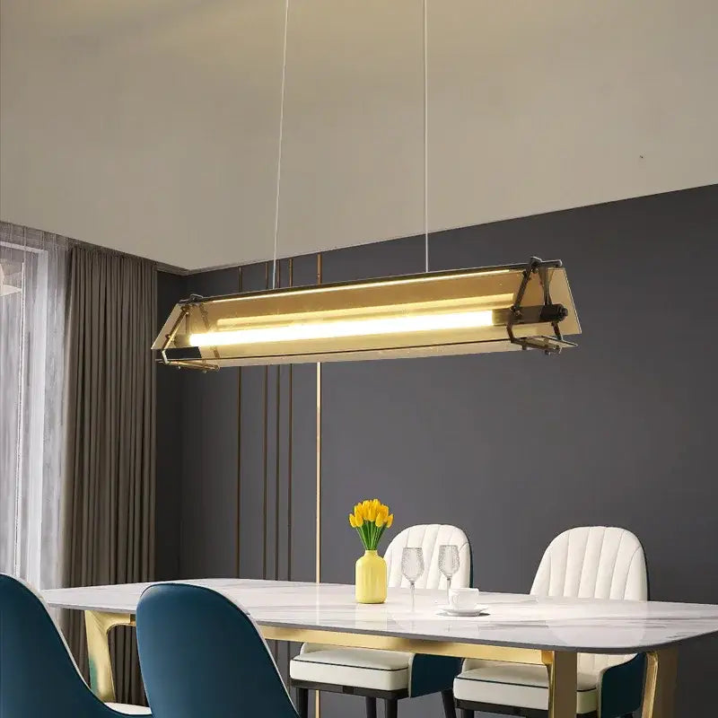 Modern gold-toned rectangular pendant lamp with exposed decorbites amber led strip for dining room lighting decor