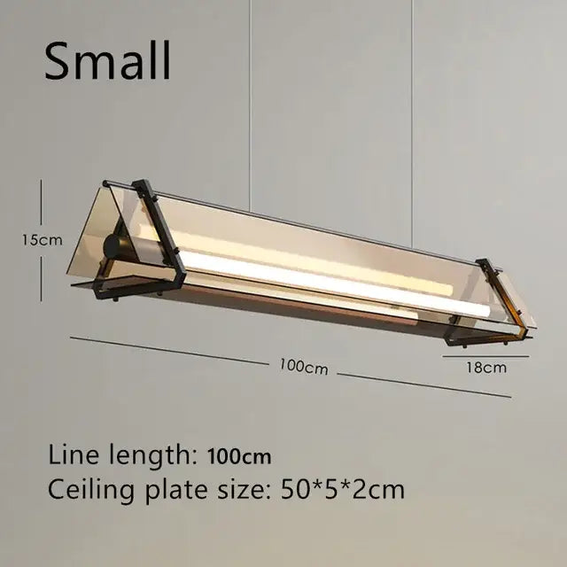 Modern rectangular amber led pendant lamp with transparent glass panels and black metal frame for dining room decorbites amber led