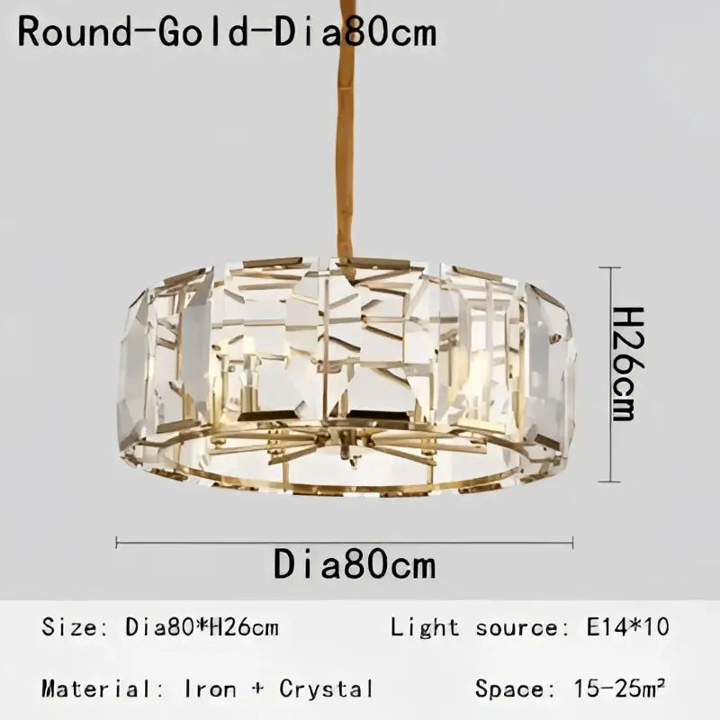 A round gold crystal chandelier with clear segments in an iron frame ideal for dining room decorbites crystal chandeliers