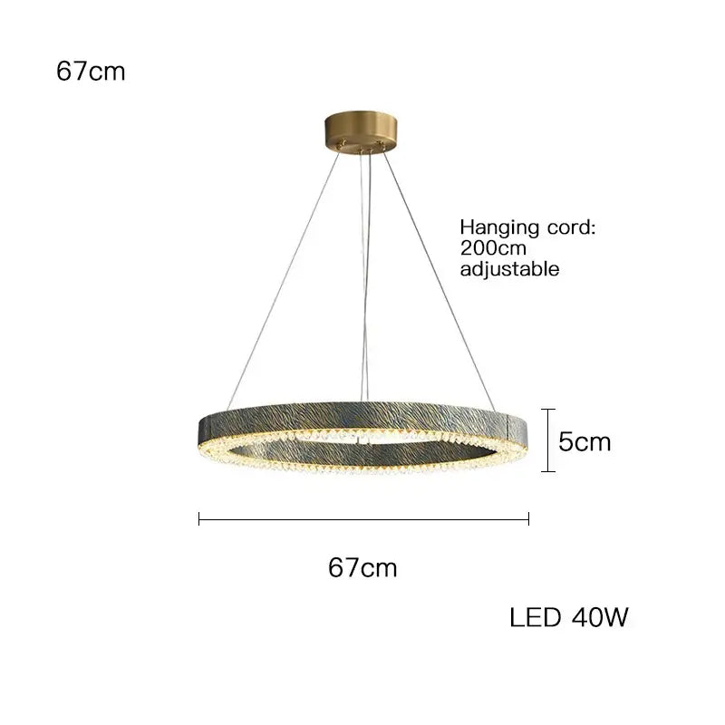 Modern circular led chandelier with textured metallic finish and crystal accents for decorbites blue copper dining room