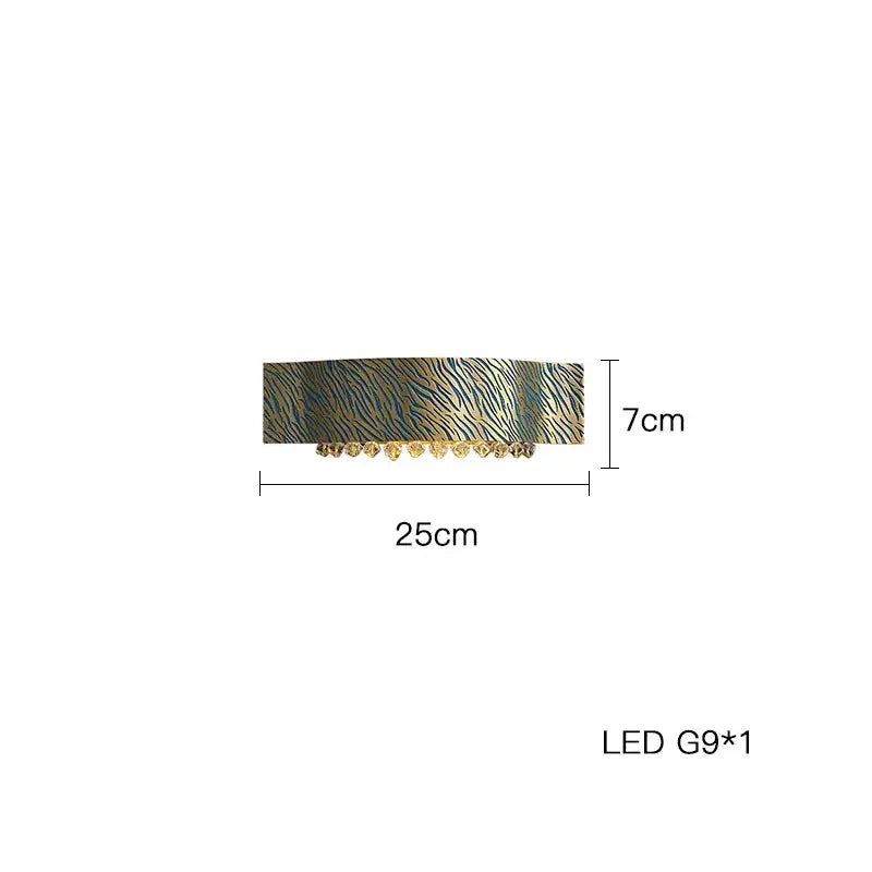 Modern rectangular blue copper crystal led chandelier wall light with zebra-striped metallic finish and gold scalloped edge