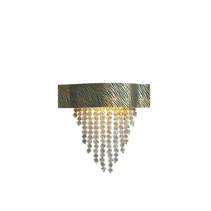 Modern rectangular blue copper crystal led chandelier with gold zebra-striped frame and cascading clear crystal beads