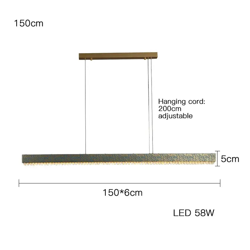 Modern rectangular blue copper crystal led chandelier 150cm with textured metallic finish and warm ambient lighting